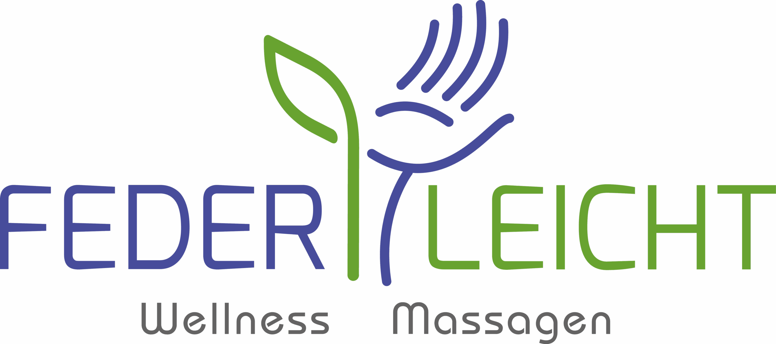 Logo Wellnessmassagen Federleicht in blauer und grüner Schrift